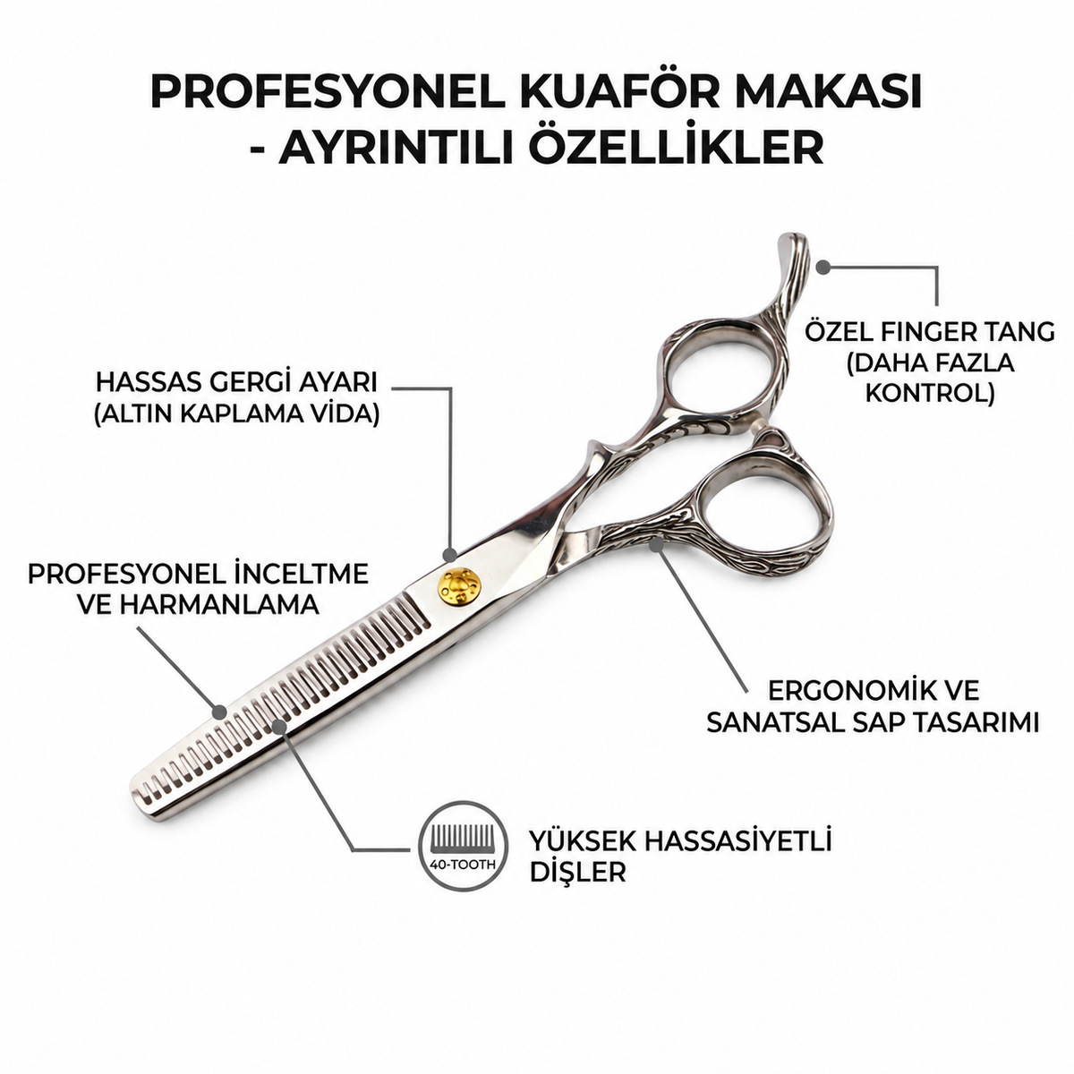 KEWQ Ağaç Dokulu Sap 40 Diş Efile Ara Makası - Görsel 2